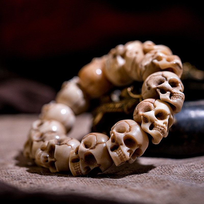鹿角天然手链男款佛珠林佛珠老料尸陀头手串骷髅手链