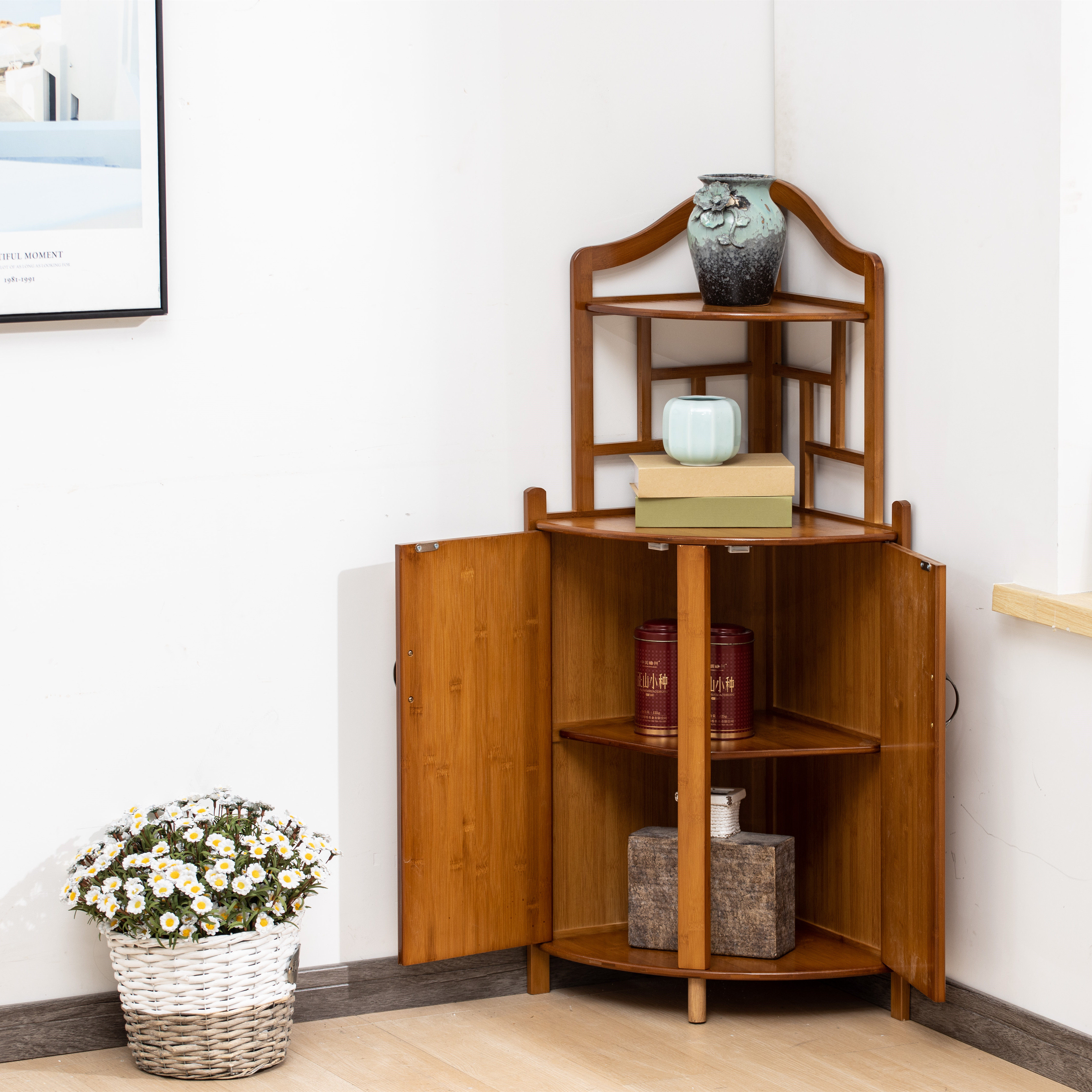 楠竹转角墙角柜子现代简约拐角边角三角形收纳客厅餐边柜