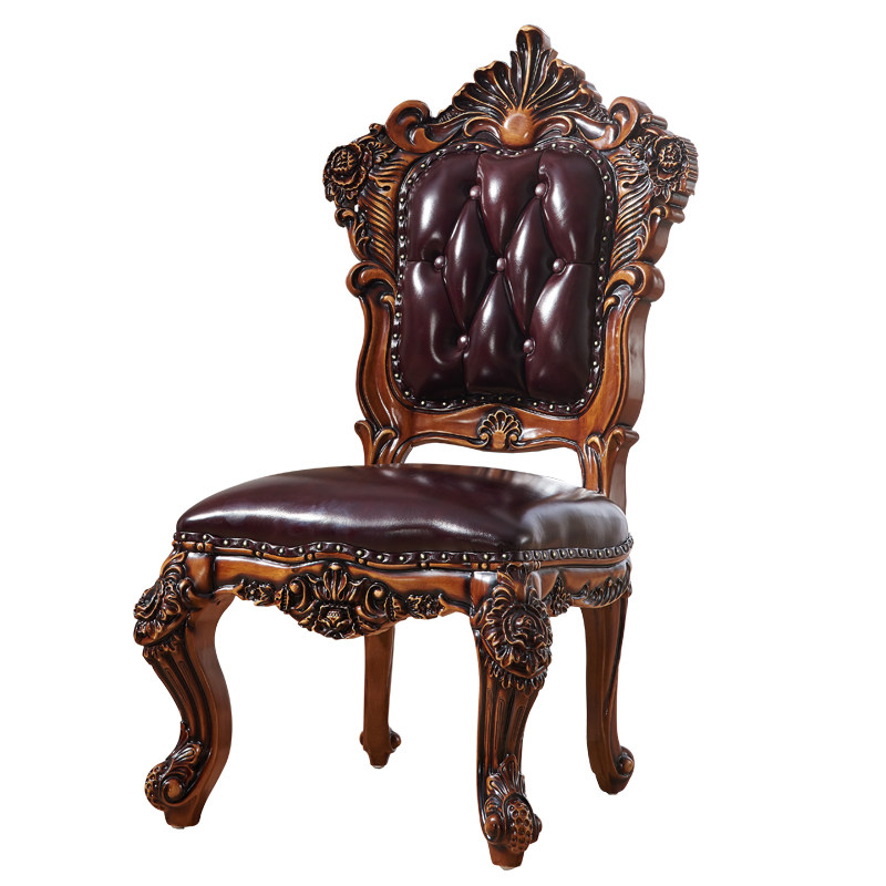 欧式真皮餐椅餐桌实木双面雕花椅子别墅高档进口头层牛皮餐桌椅