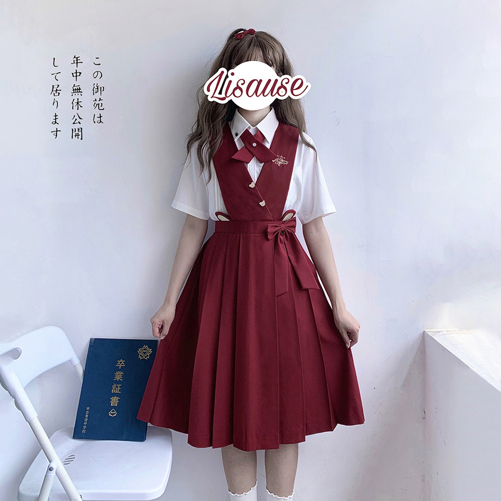 jk千叶原创熊耳前箱褶护奶裙卡奶裙红色正统学生校服