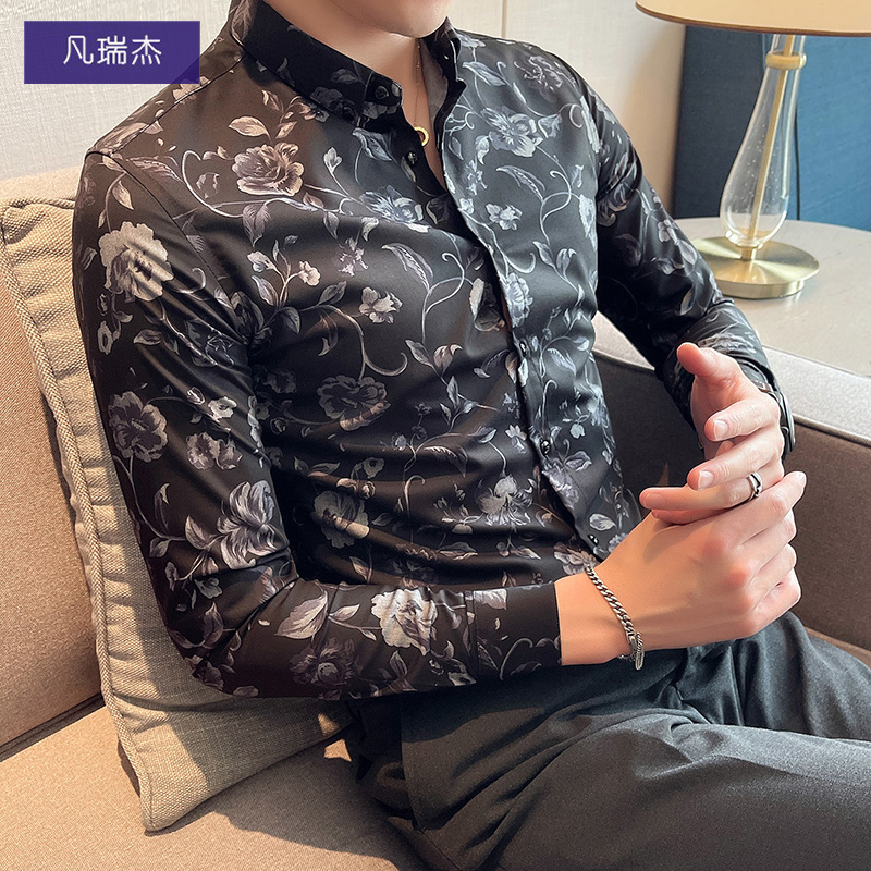 花衬衫男ins痞帅潮牌修身男士衬衣长袖休闲高级感男装设计感上衣