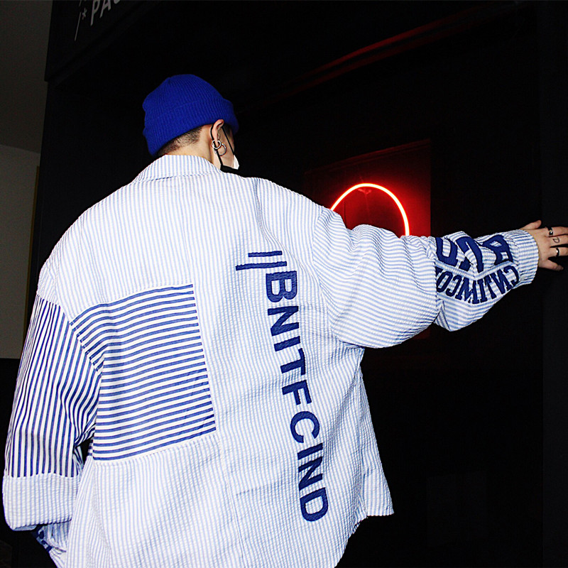 春夏欧美条纹字母印花休闲长袖衬衫潮男士嘻哈情侣宽松潮牌衬衣男