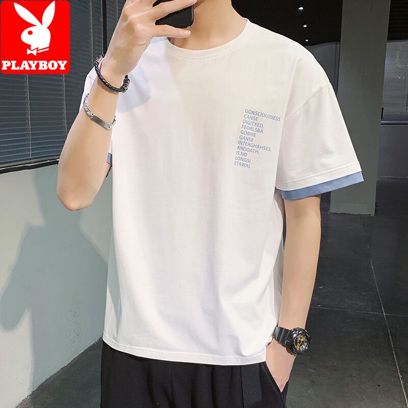 花花公子冰丝感短袖t恤男士2021新款夏季纯棉半袖ins潮牌印花衣服