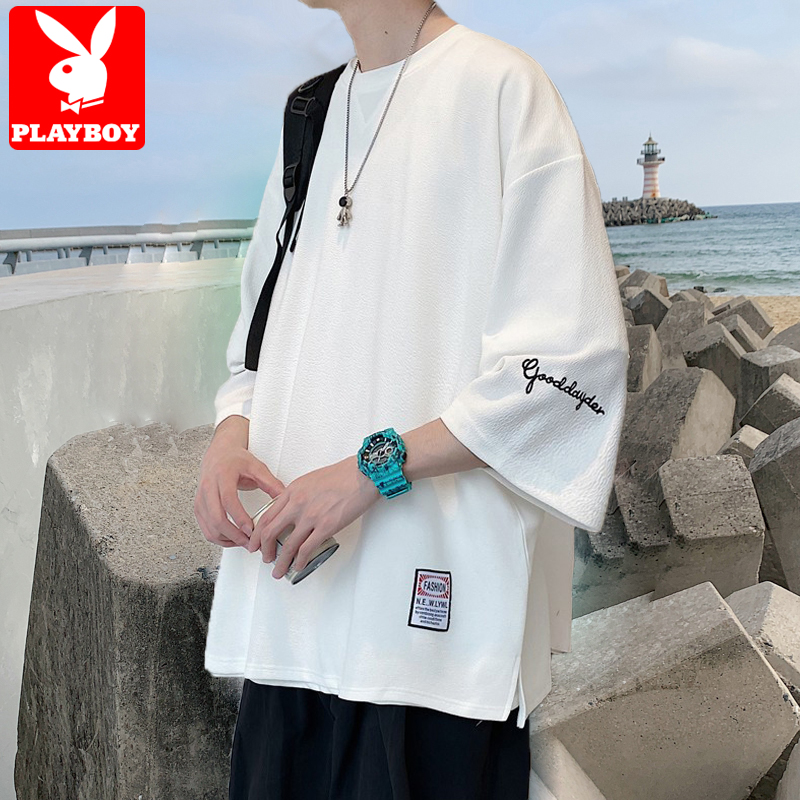 花花公子冰丝七分袖男t恤宽松潮牌男士夏季半袖衣服大码短袖体恤