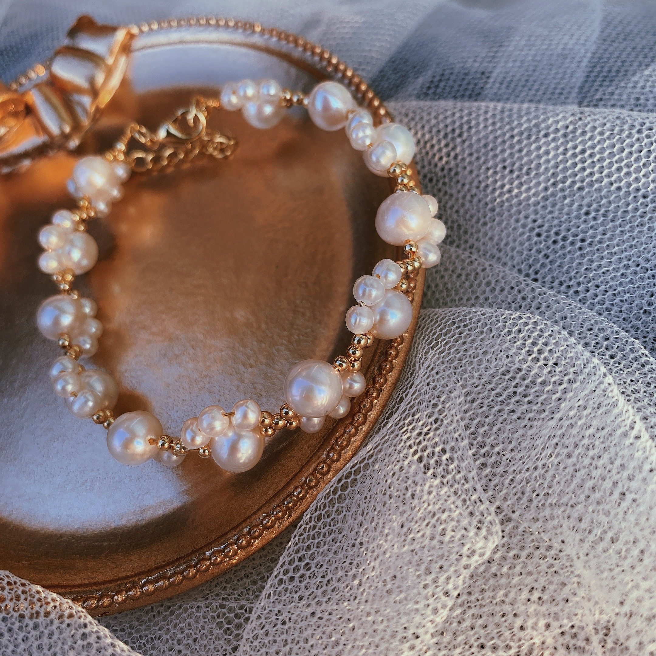 原创手作天然珍珠猫爪手链小红书同款14k包金手链