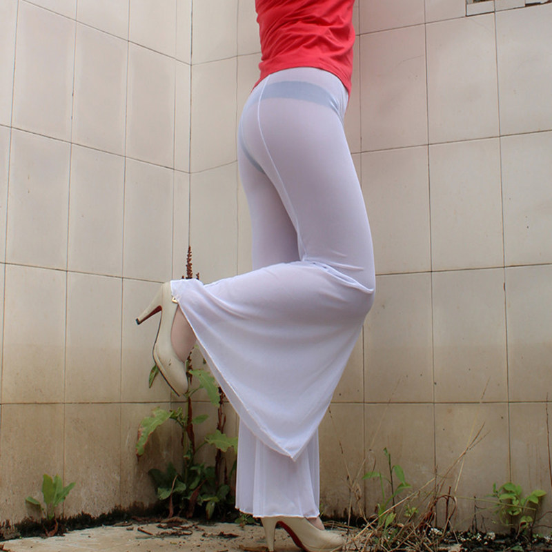 透视透视性性感超薄网纱柔顺白色透明阔腿喇叭裤打底裤