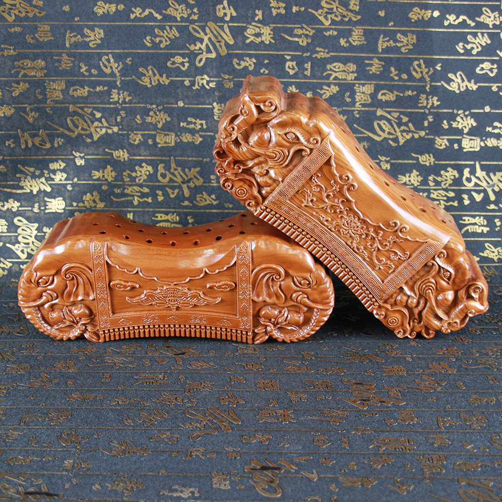 枕头桃木颈椎原木实木硬枕木雕饰品祝寿礼品木雕