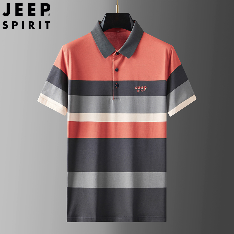 JEEP吉普爸爸夏季2022新款中年男士条纹polo衫翻领保罗t恤男短袖