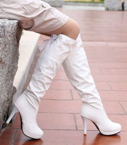 2019秋冬高筒女靴子白色高跟及膝靴皮靴防水台套筒马丁靴长靴
