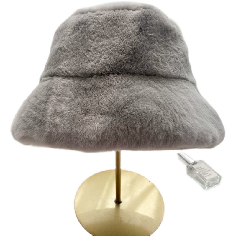 秋冬新款獭兔毛帽子皮草盆帽条纹帽韩版毛绒绒渔夫帽女防风帽子