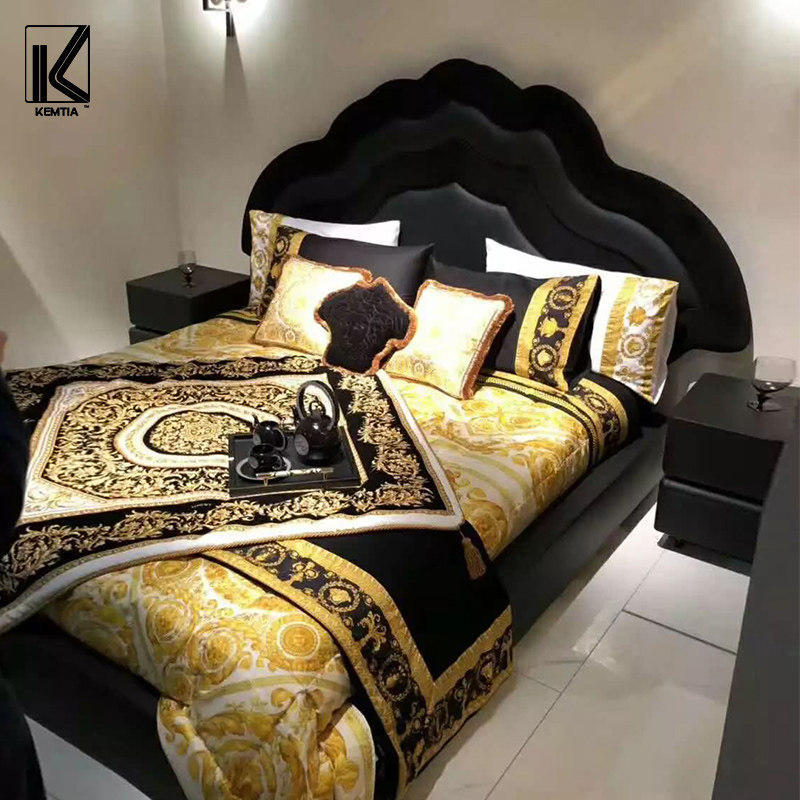 意式轻奢后现代真皮双人床婚床卧床别墅versace范思哲布艺床