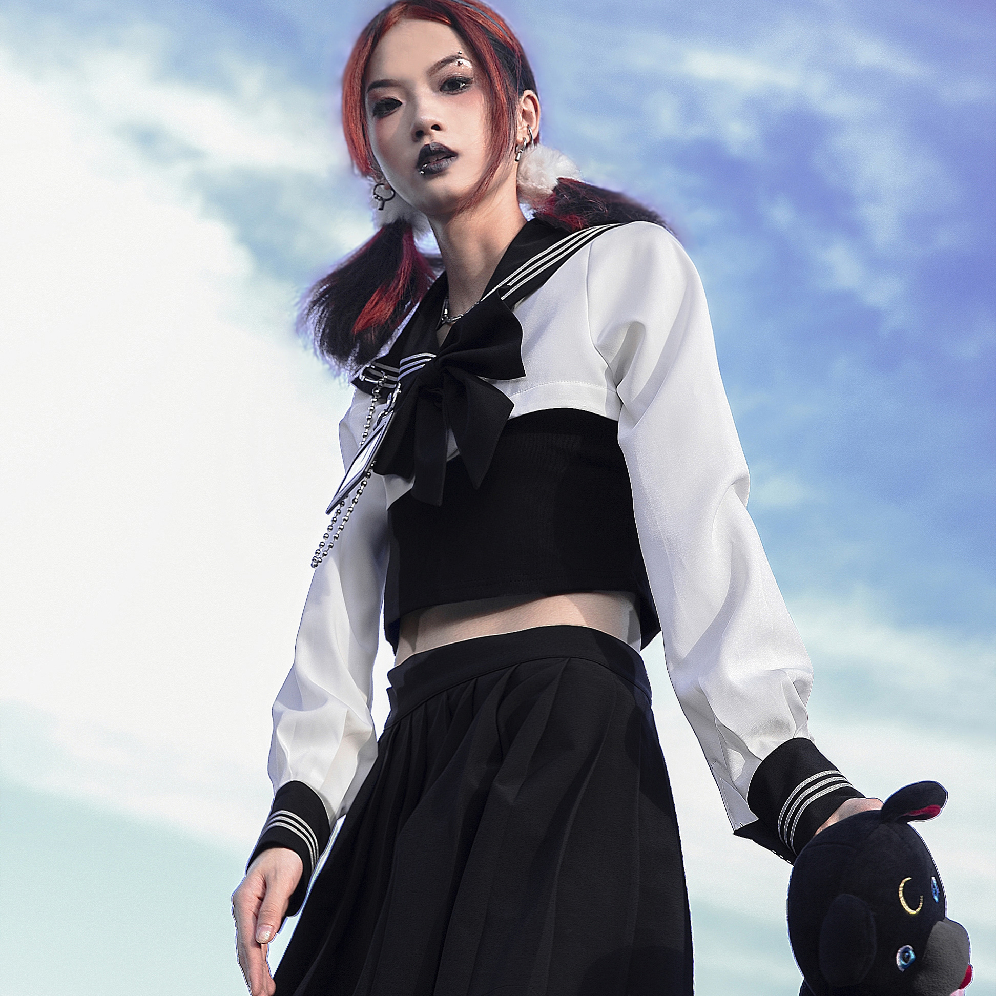 SagiDolls少女斗志原创 当心阳光！超短JK水手领防晒袖套衬衫套装