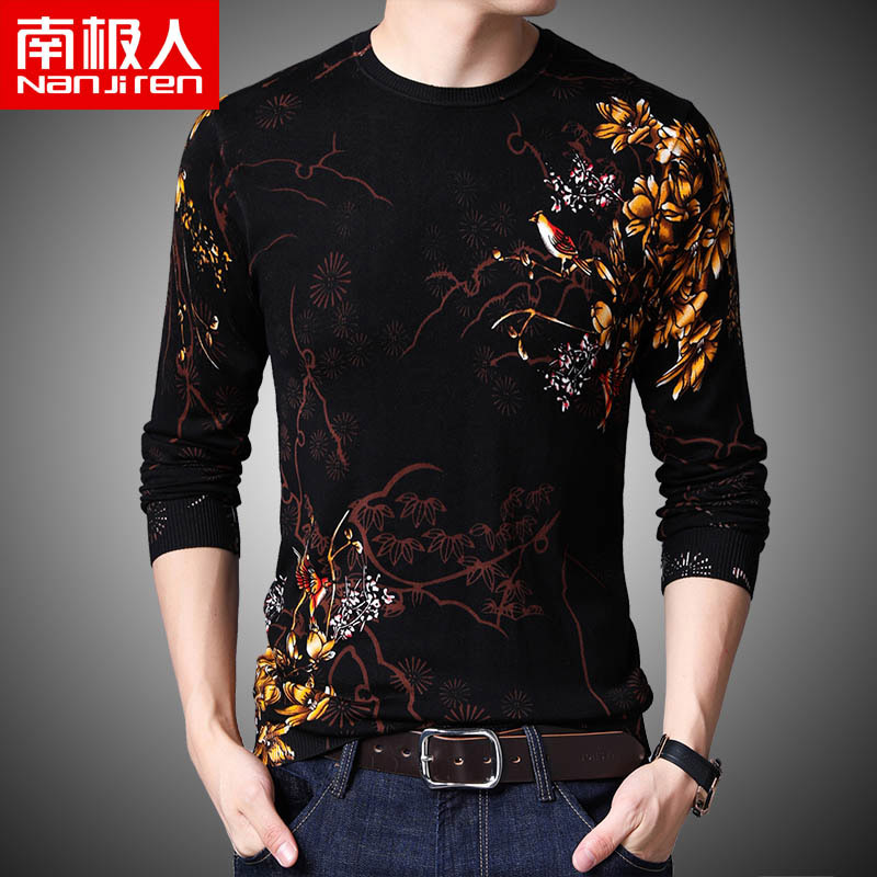 南极人中国风男士圆领印花长袖T恤春装新款打底针织衫潮流上衣服