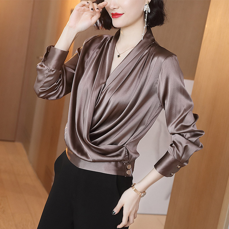 真丝上衣女2019秋季新款宽松交叉v领长袖衬衫桑蚕丝欧货洋气小衫