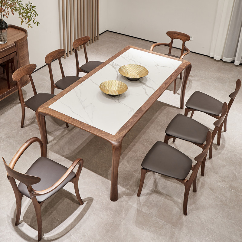 餐桌胡桃木实木大理石意式别墅简约轻奢长方形餐桌