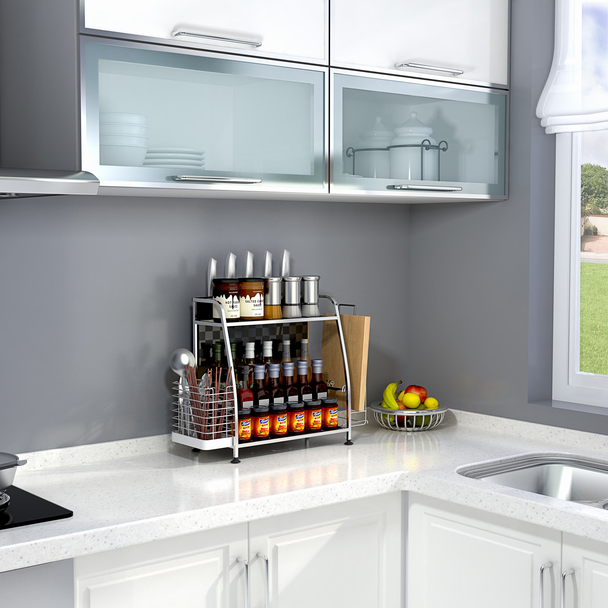 调料架子厨房置物架2 3层不锈钢收纳架调味刀架壁挂落地厨具用品