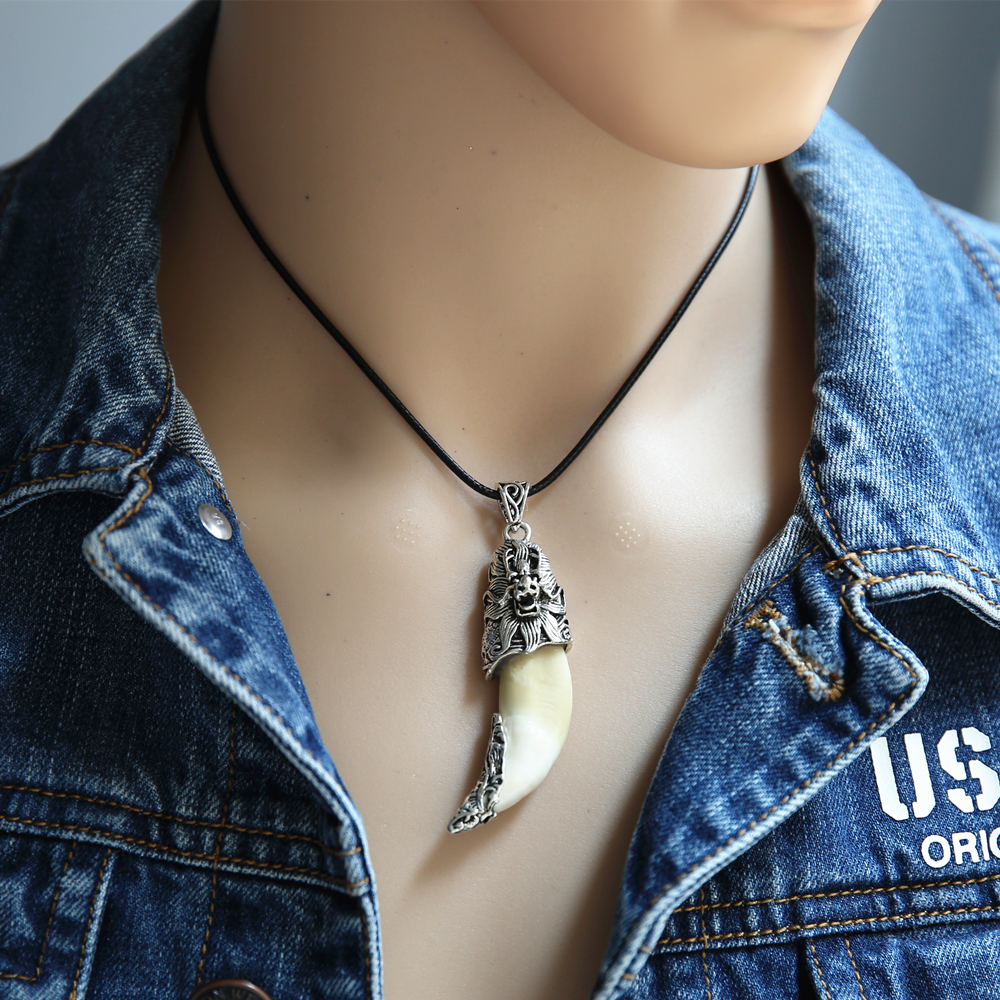 狼牙男士吊坠辟邪保真黑狗项链包银牙尖套挂项链