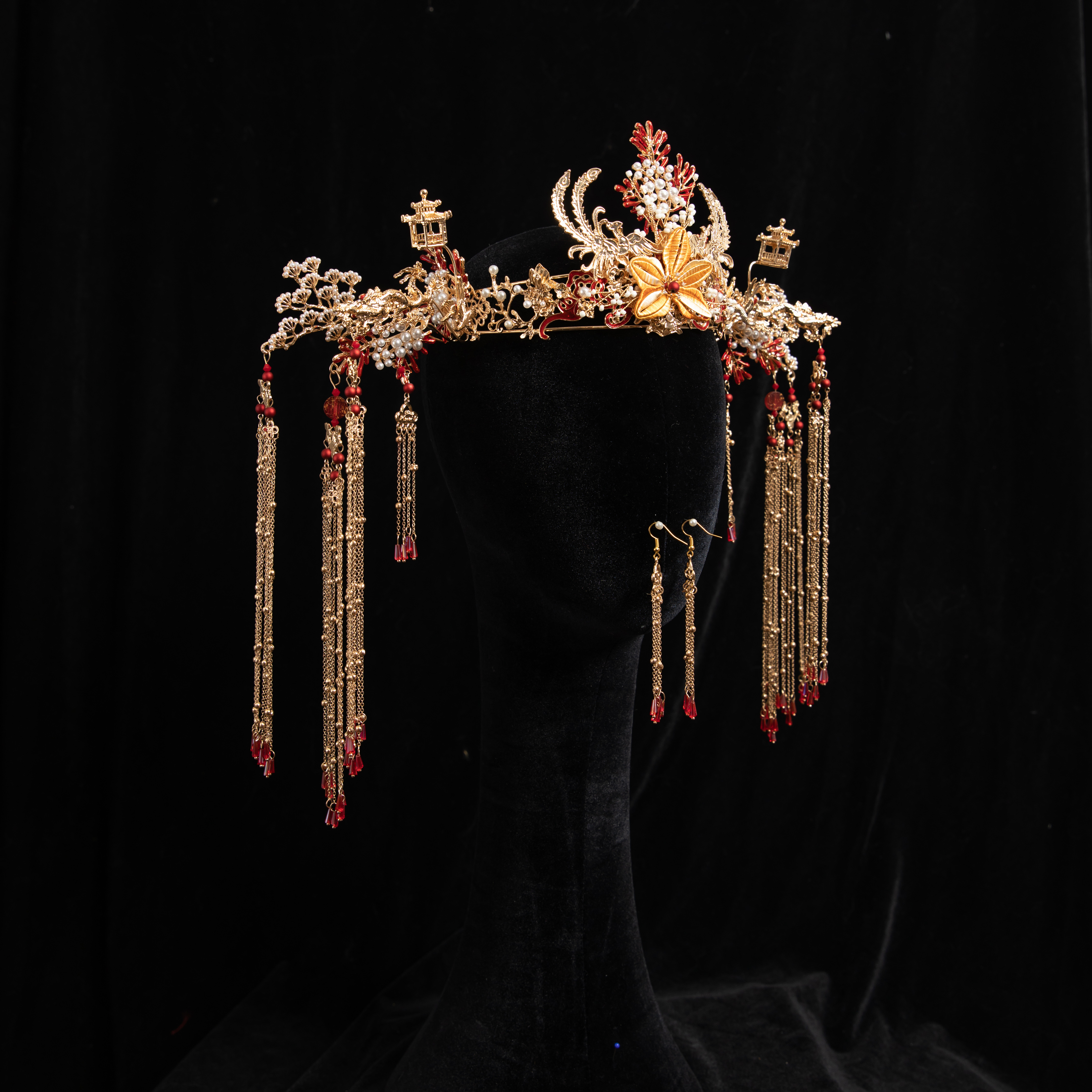 新娘古装秀禾头饰高端凤冠简单大气红色步摇发饰