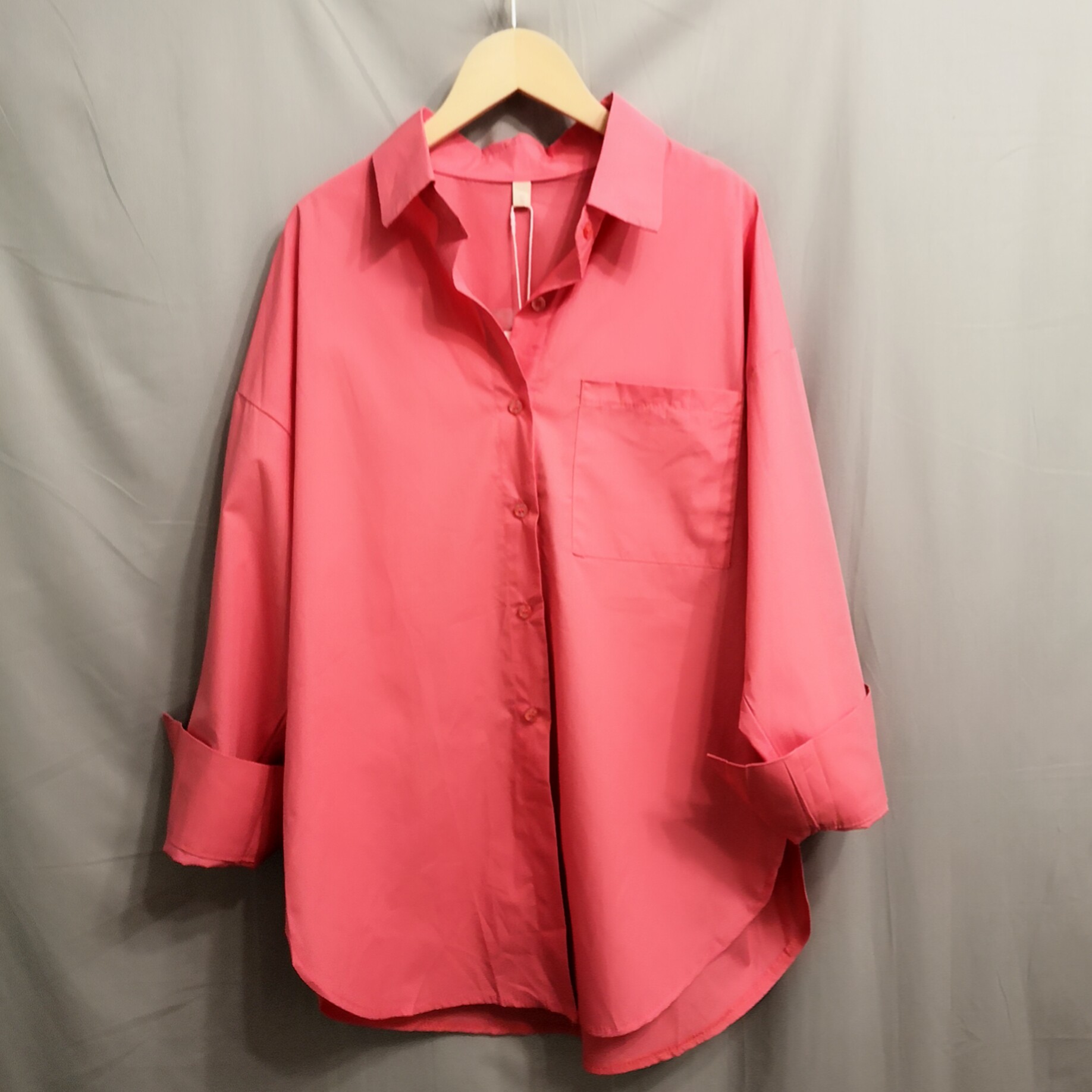 2021春夏西瓜红粉粉色中长款内长袖衬衫宽松衬衫