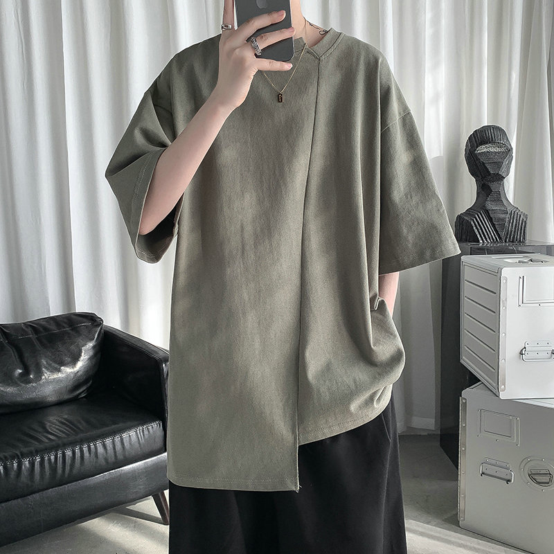 设计感短袖T恤男夏季日系不规则开叉中袖套头衫宽松纯色体恤男士