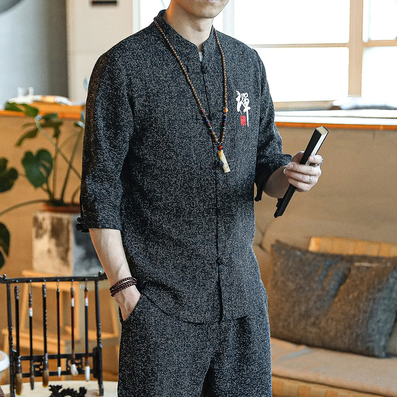 中国风男装夏季棉麻七分袖衬衣男复古风上衣中式盘扣唐装长袖衬衫