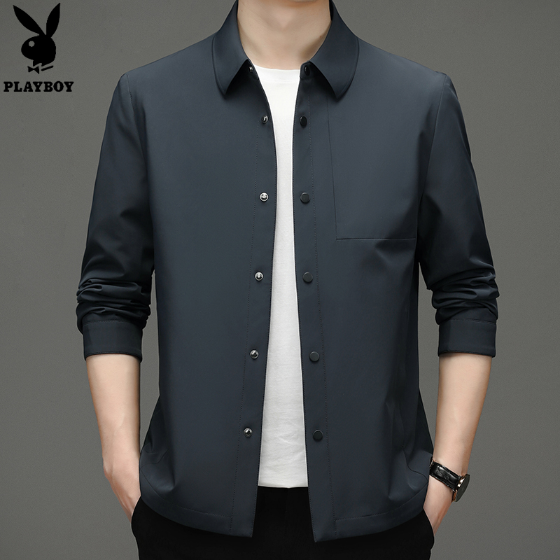 花花公子高端商务男装无痕压胶翻领外套2022年春季新款夹克上衣男