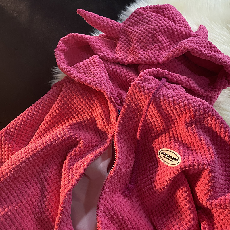 Jew4room可爱甜飒风上衣格子开衫火龙果酒红色宽松男生连帽卫衣潮