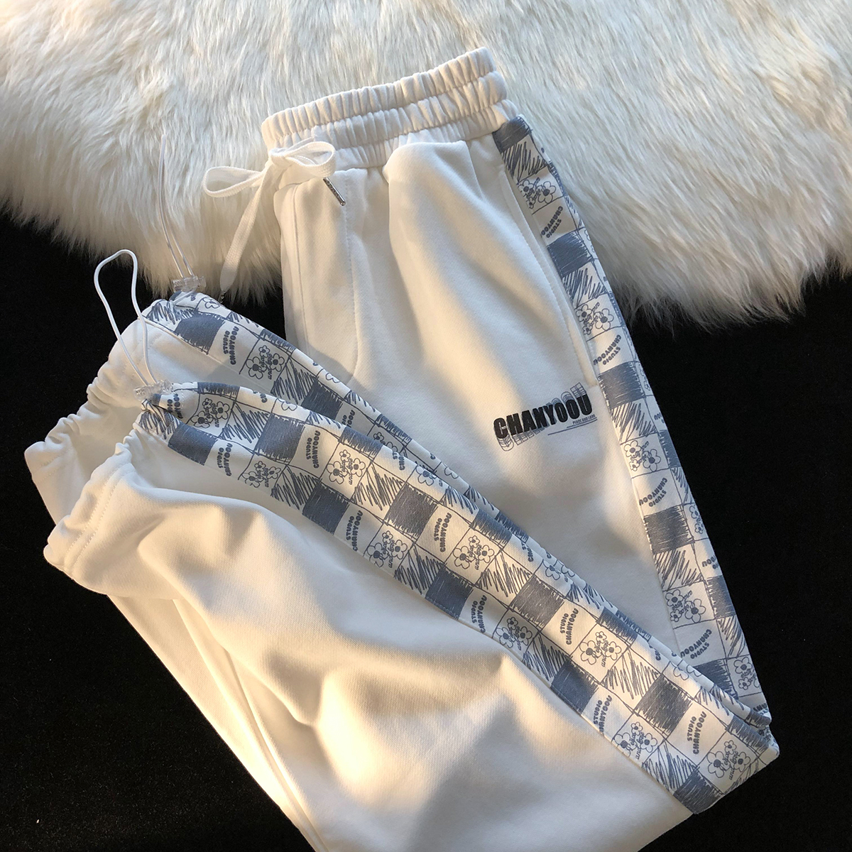 Jew4room美式潮酷抽绳束脚醋酸格子设计感 小众男生运动休闲长裤