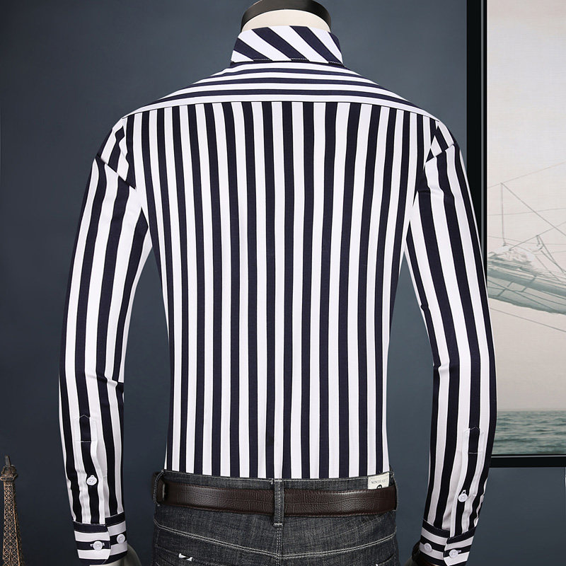 条纹黑白衬衫长袖夏季男士纯棉商务休闲衬衣衬衫