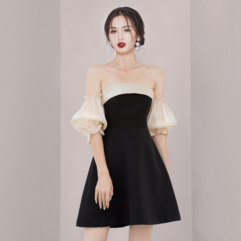 夏季性感气质名媛一字抹胸晚宴小礼礼服短款赫本礼服