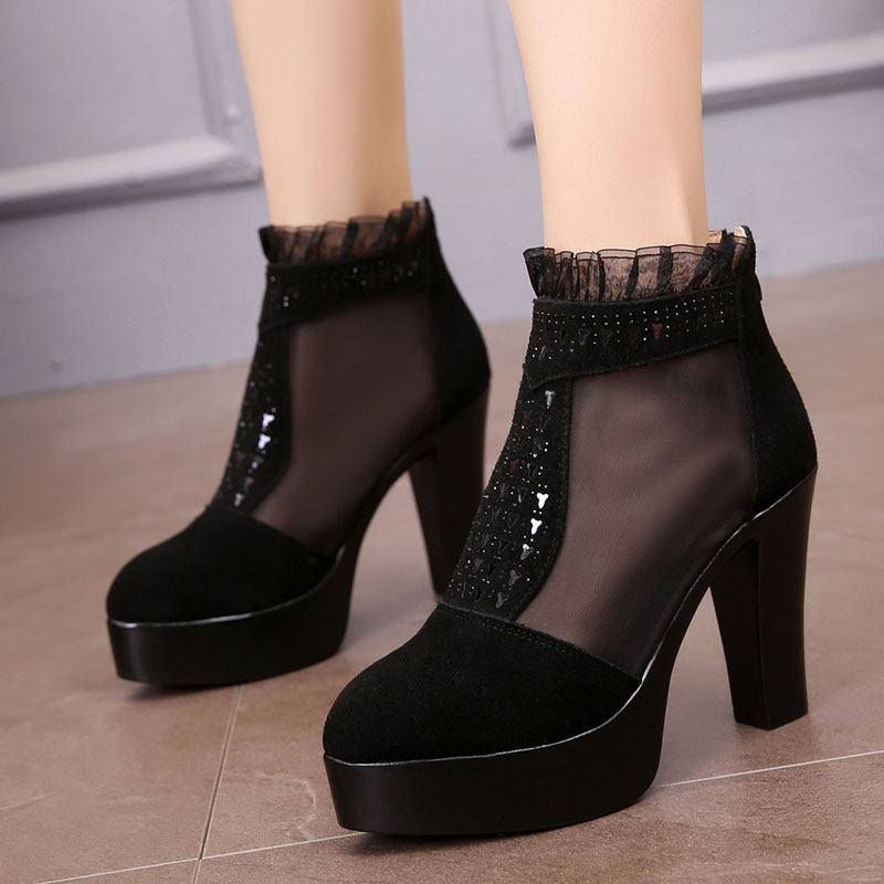 粗跟网靴镂空靴子真皮高跟鞋网纱春秋单靴踝蕾丝时装靴