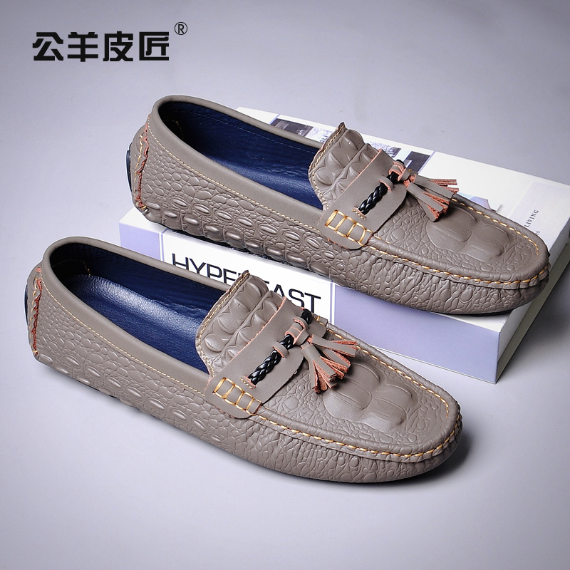 公羊皮匠豆豆鞋男真皮2022年韩版潮流开车软底鳄鱼纹流苏休闲皮鞋