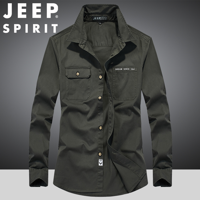 JEEP吉普纯棉衬衫男长袖上衣工作服耐磨工装外套户外休闲男士衬衣