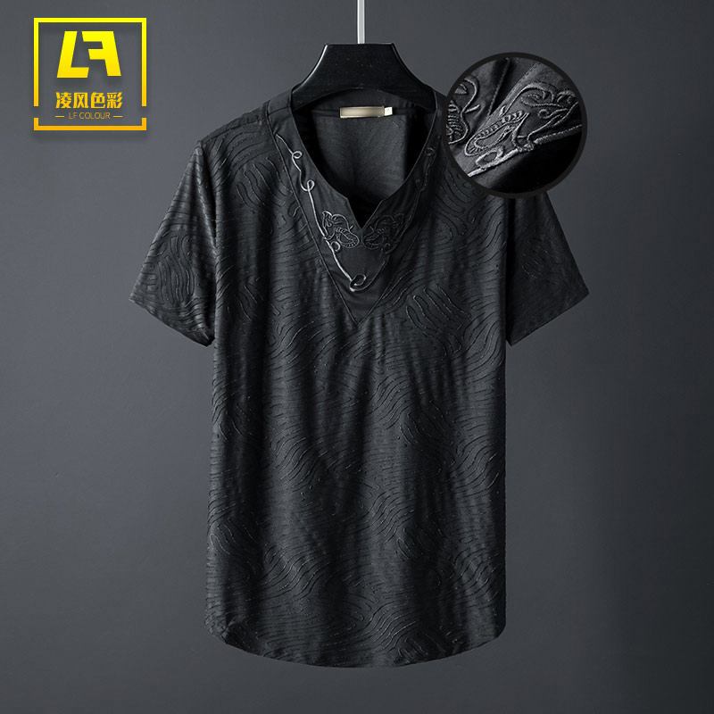 2022夏季V领丝光棉短袖T恤男韩版大码个性男装体恤休闲半袖衣服潮