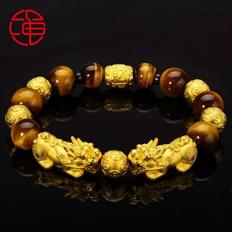 绳艺黄金貔貅手串男士手链3d硬金24k圆珠手饰