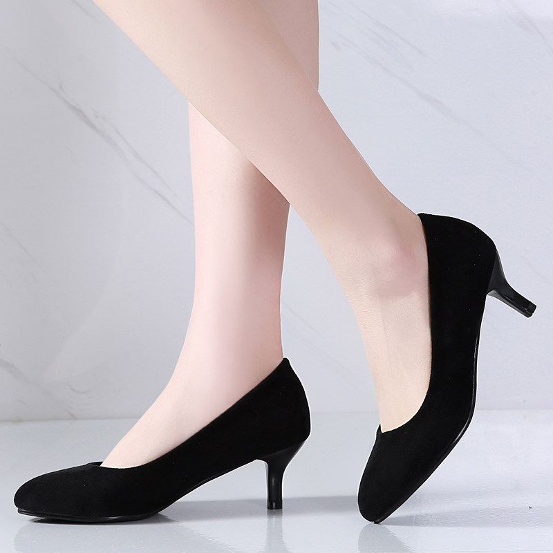 高跟鞋女细跟绒面礼仪尖圆头中跟空乘空姐单鞋职业黑色工作鞋皮鞋