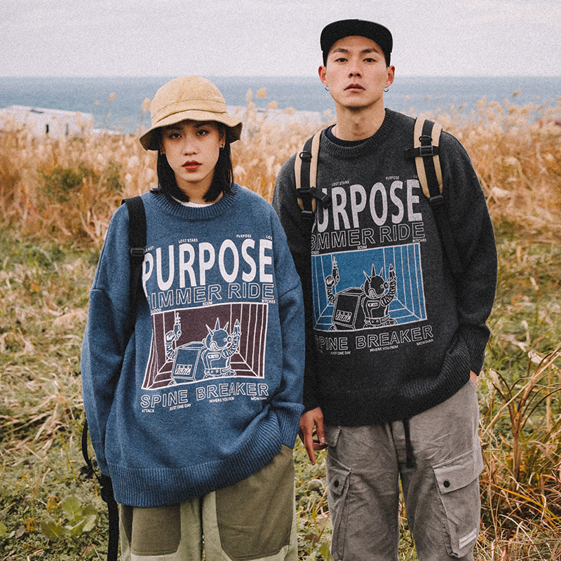 中意社冬季日系卡通圆领套头针织衫BF风上衣宽松休闲情侣毛衣男潮