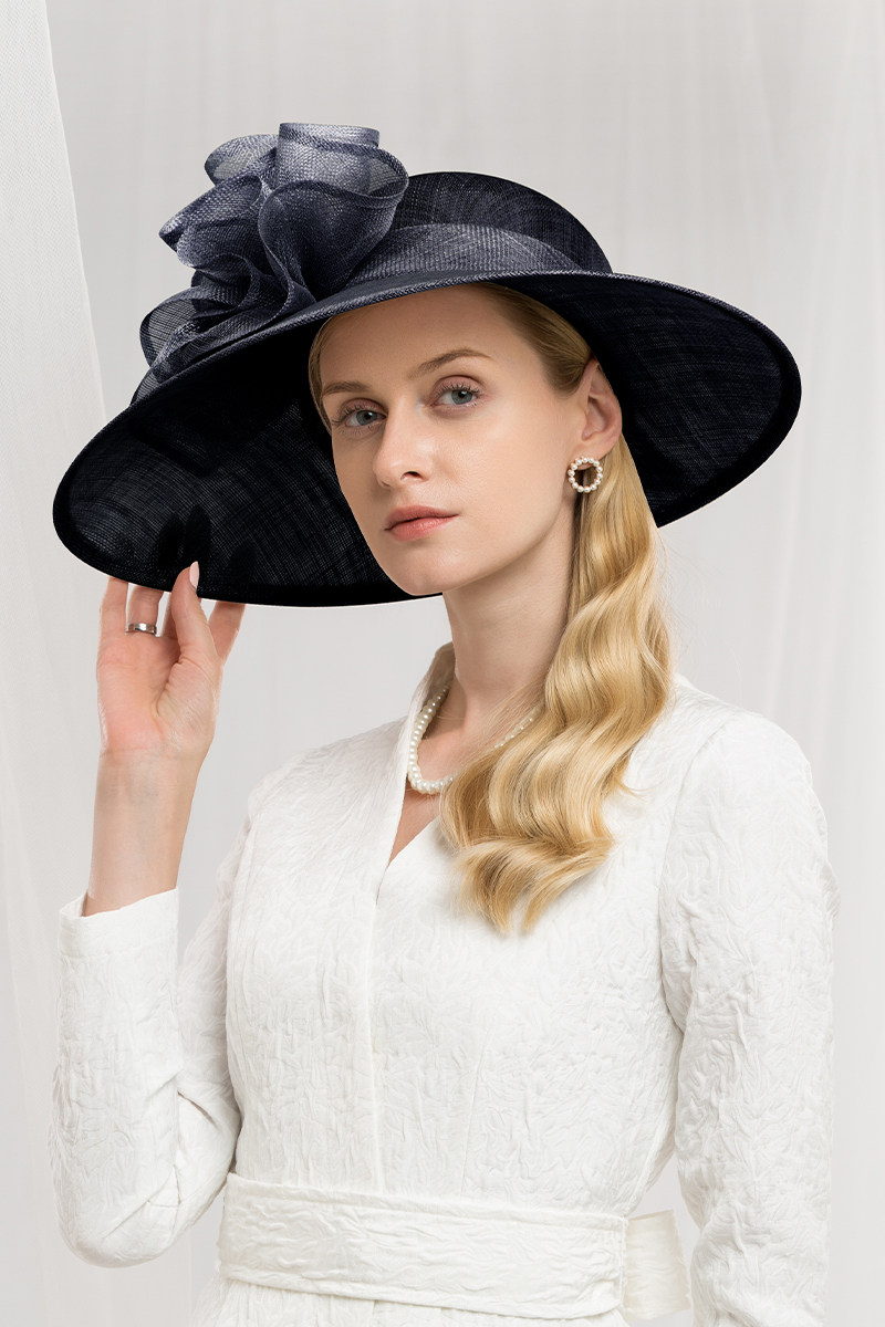 ee英式礼帽菲律宾麻纱圆顶大檐花朵御姐范帽帽子