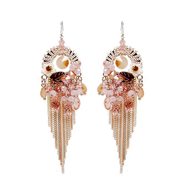 沐尔雅原创手工华丽长款公主耳环粉色糖果流苏耳环