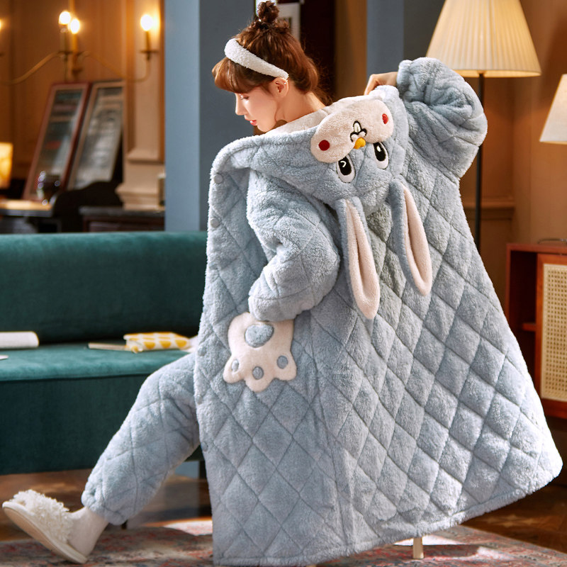 珊瑚瑚绒三层夹棉睡袍秋冬季加厚睡衣中长可爱睡衣