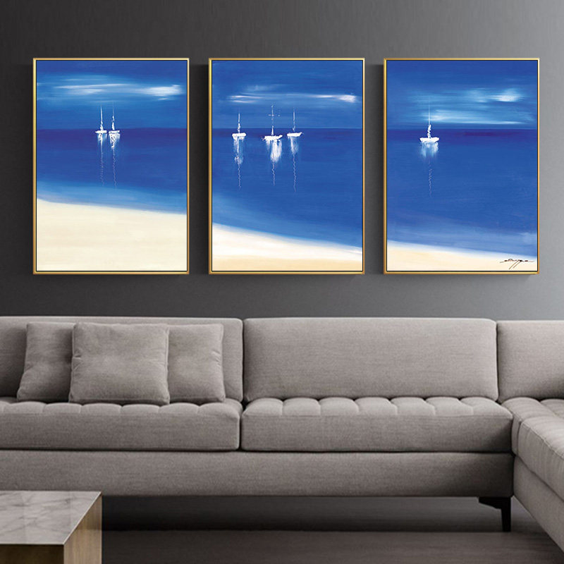 现代简约客厅三联组合装饰画手绘抽象风景挂画蓝色油画