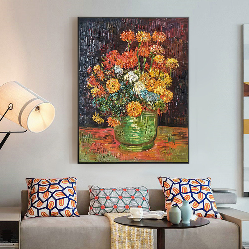 78九美式玄关装饰画餐厅纯手绘油画餐厅过道刀画梵高名画定制画