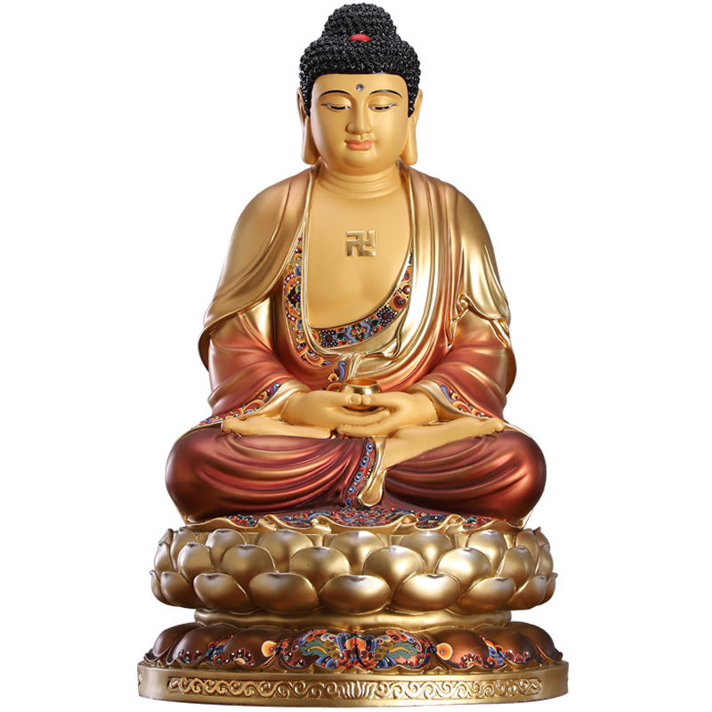 佛像熙曼蒂纯铜彩绘释迦牟尼家用供佛三宝阿弥陀佛药师摆件