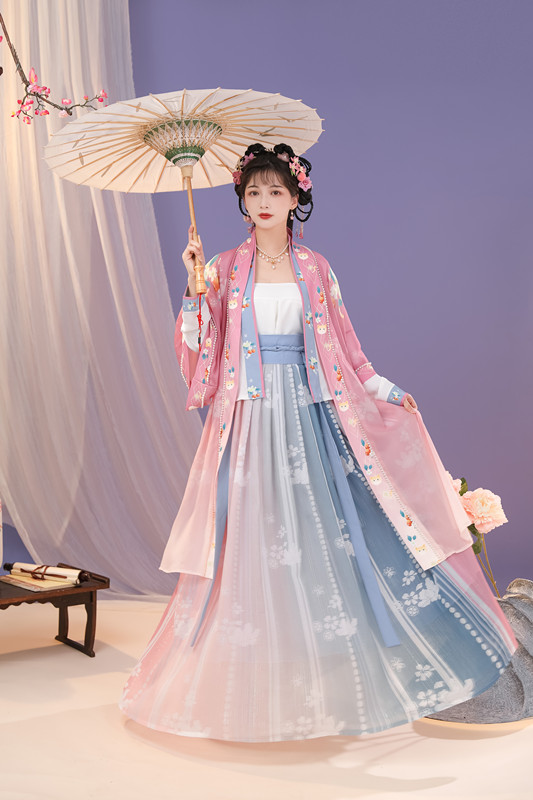 新款汉服女宋制褙子正品原创春夏对襟齐腰一片式褶裙汉服女中国风
