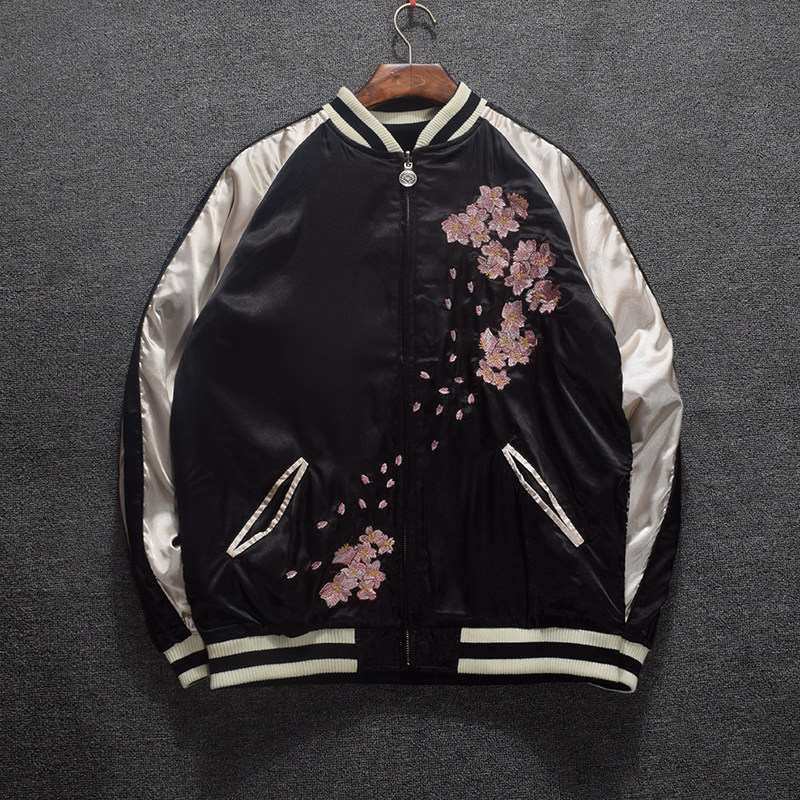 刺绣日本复古横须贺夹克樱花重工绣龙棒球男女夹克