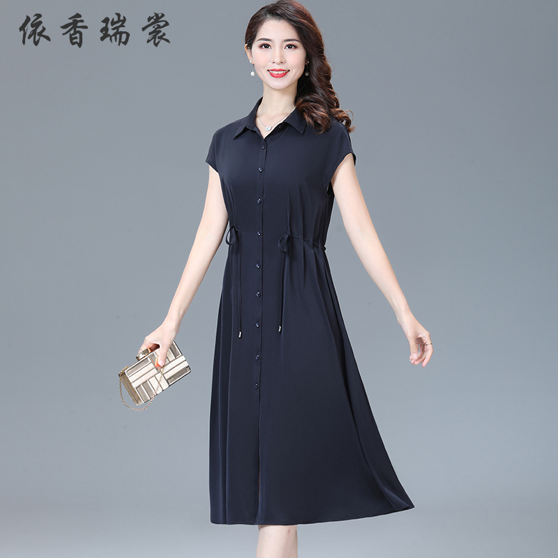 中年妈妈夏装气质连衣裙新款洋气女装阔太太蚕丝遮肚子时尚长裙