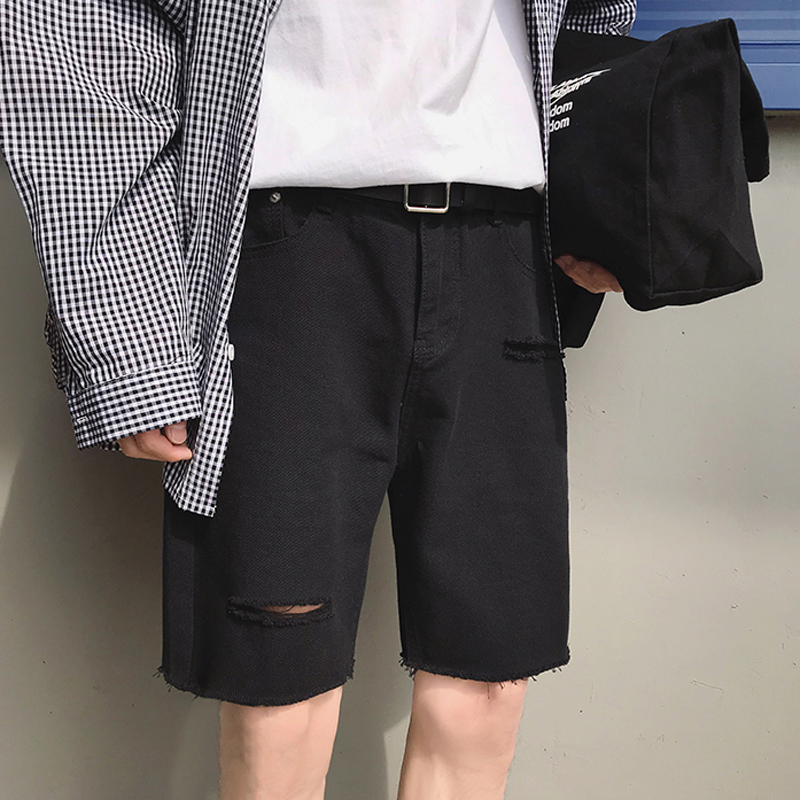 男生黑色牛仔短裤潮牌宽松直筒破洞五分裤韩版港风原宿休闲中裤帅