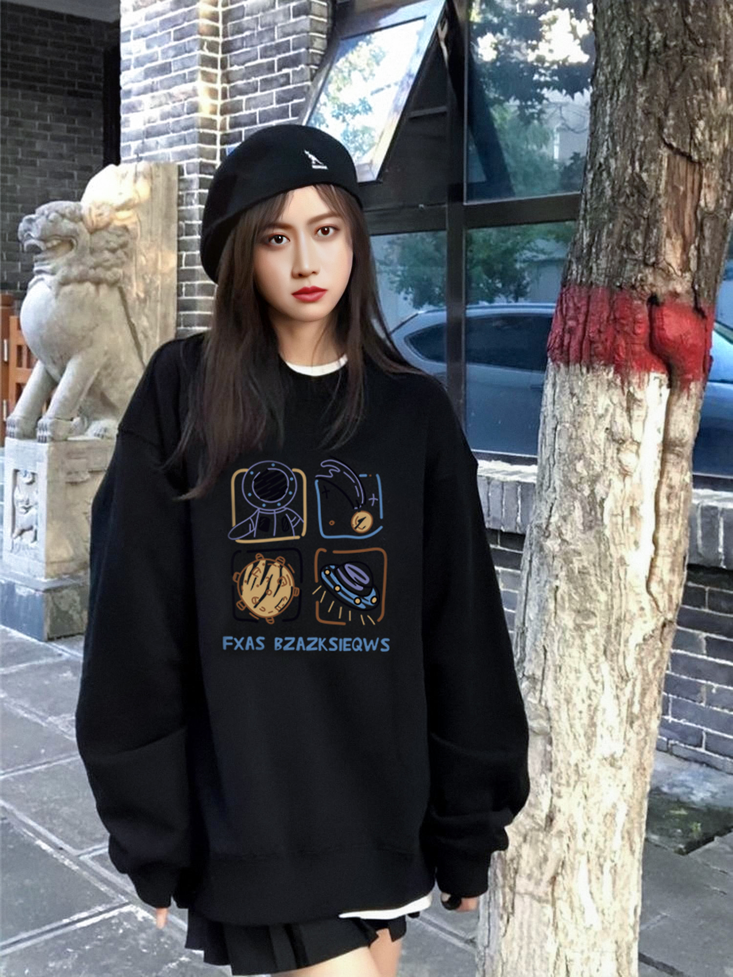 黑色卫衣女oversize加绒秋冬ins慵懒风情侣设计感小众宽松bf美式