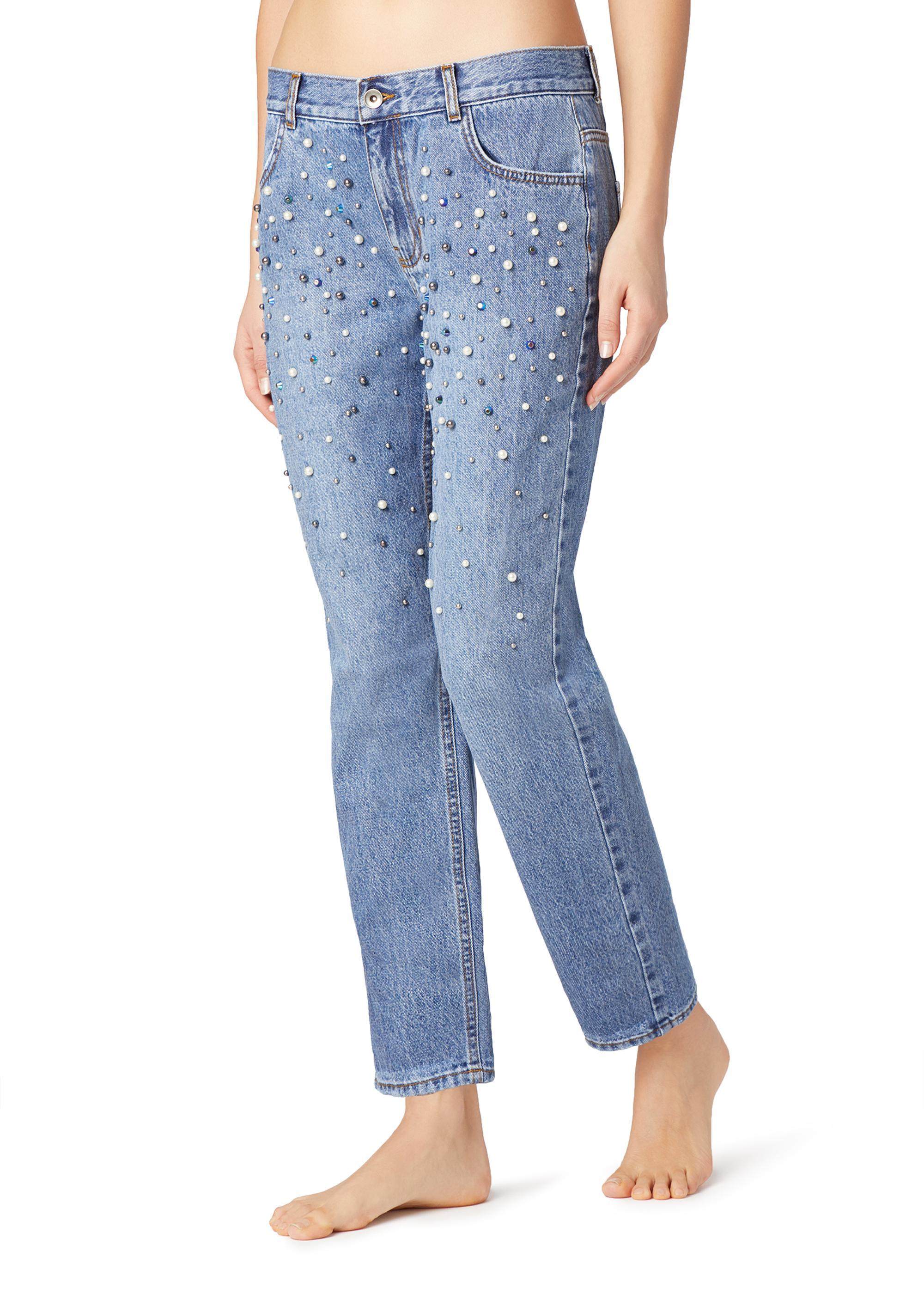 意大利calzedonia 新款珍珠纯铆钉纯棉蓝色牛仔打底裤 modp0794