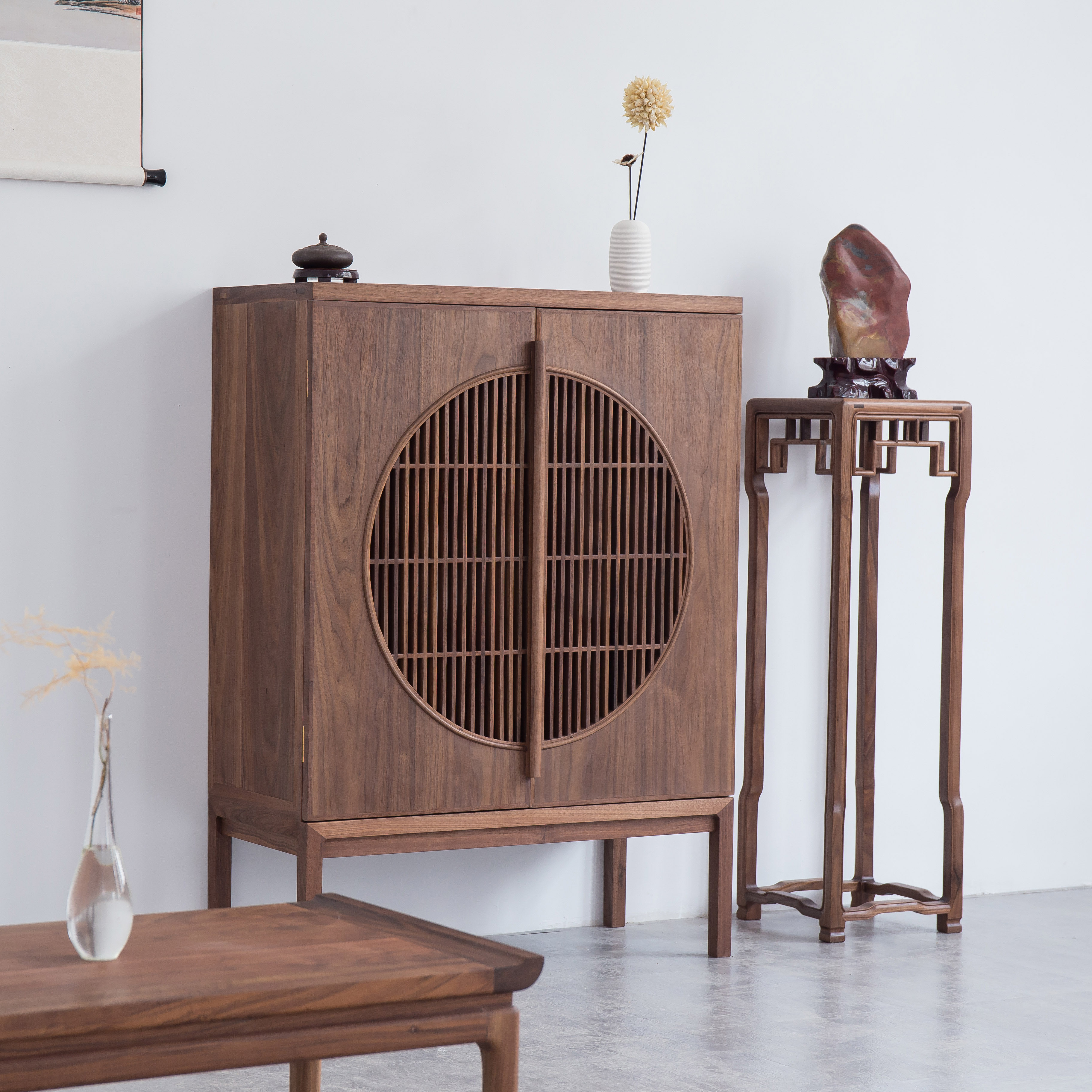 新中式禅意榆木柜老明月实木茶叶边柜鞋柜胡桃角柜